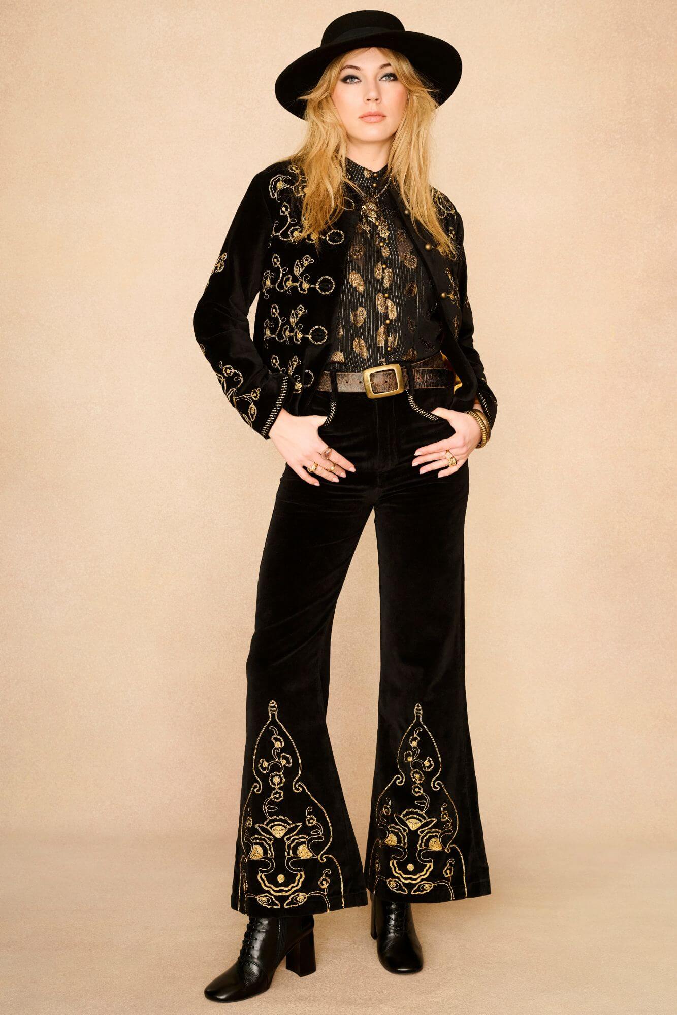 Smoke & Gold Embroidered Velvet Trousers – Black