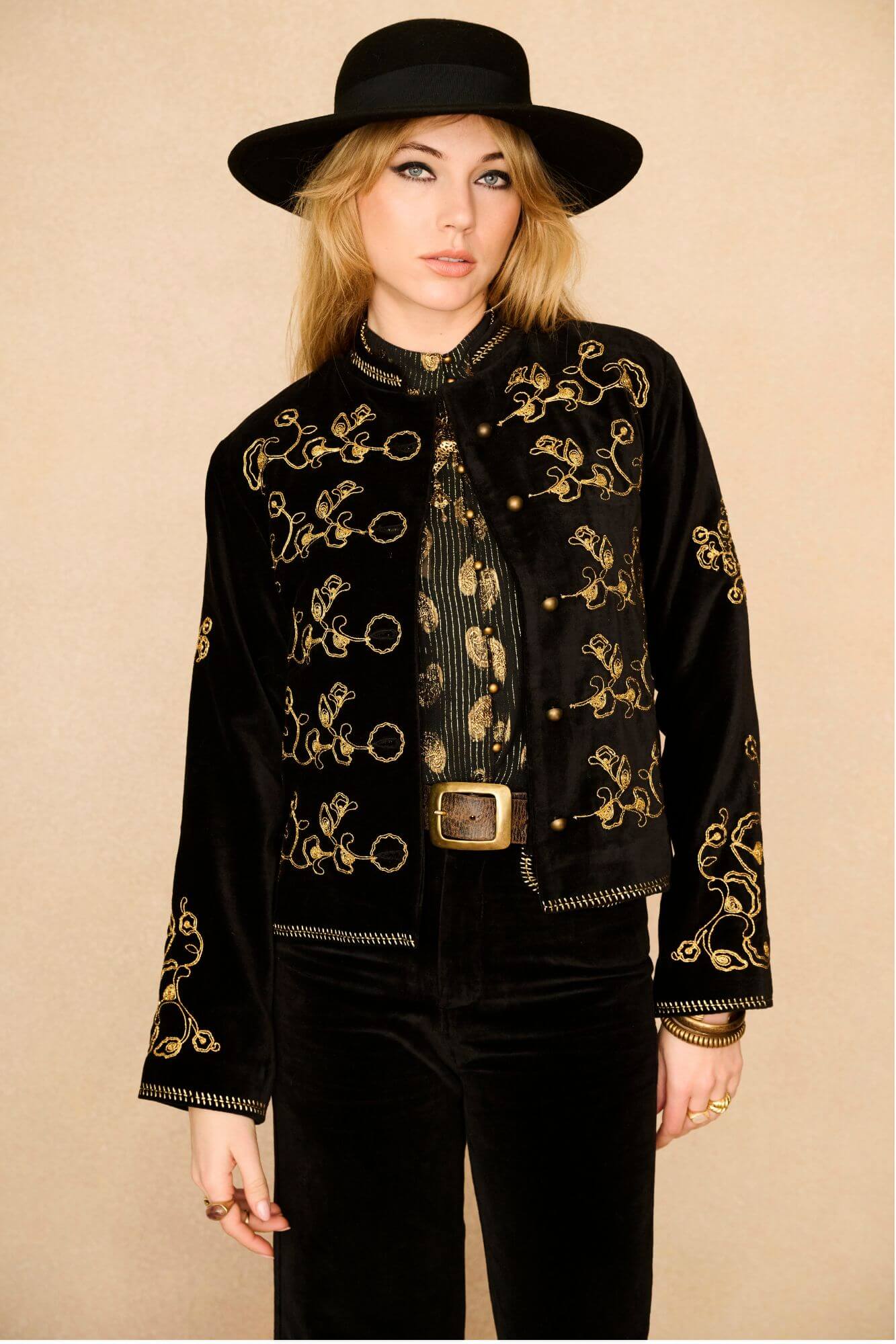 Smoke & Gold Embroidered Velvet Jacket – Black