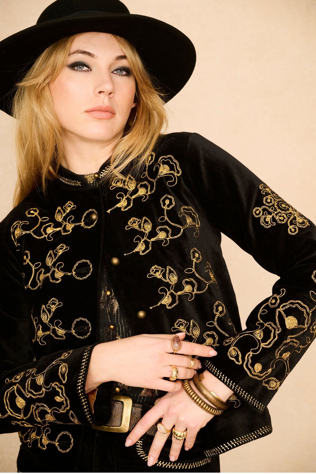 Smoke & Gold Embroidered Velvet Jacket – Black