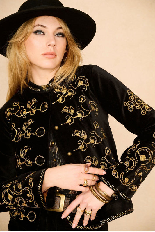 Smoke & Gold Embroidered Velvet Jacket – Black