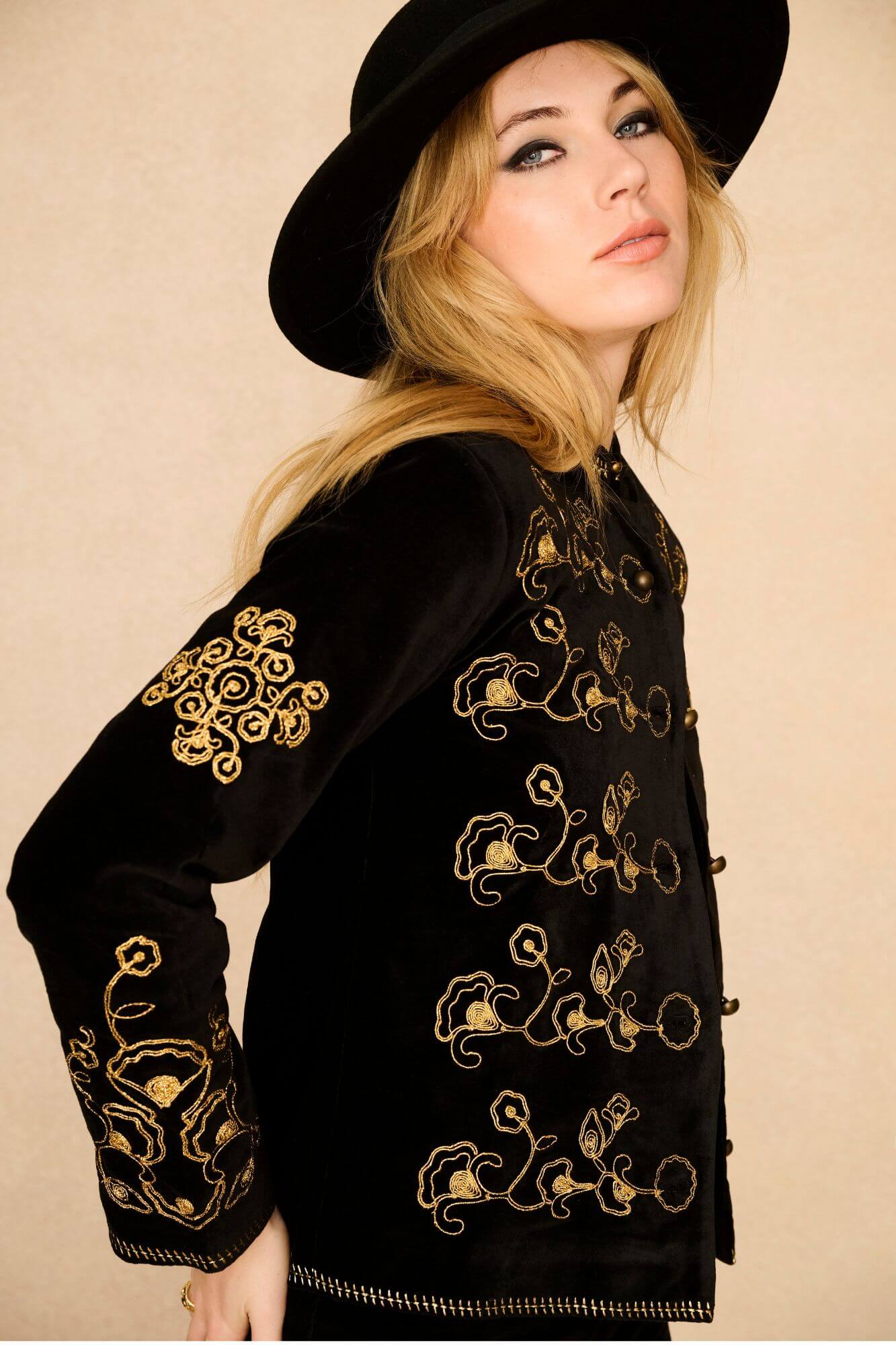 Smoke & Gold Embroidered Velvet Jacket – Black