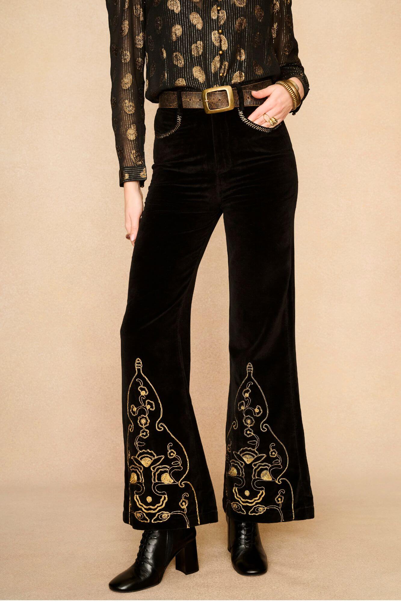 Smoke & Gold Embroidered Velvet Trousers – Black