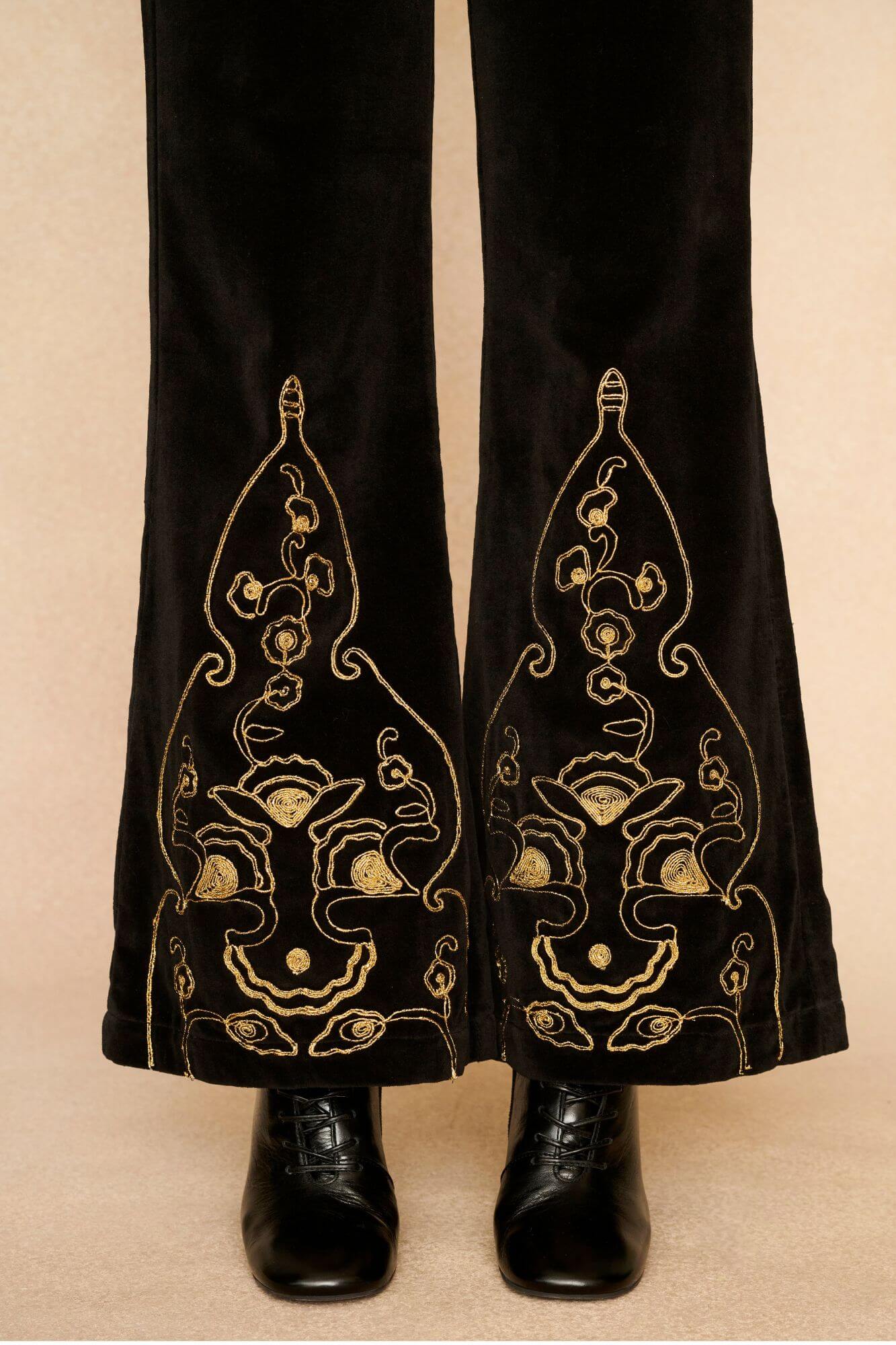 Smoke & Gold Embroidered Velvet Trousers – Black