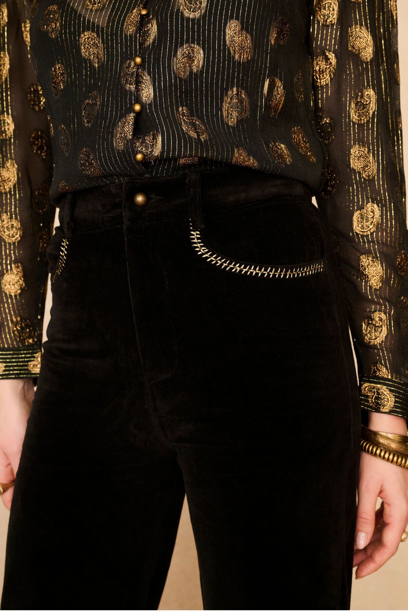Smoke & Gold Embroidered Velvet Trousers – Black