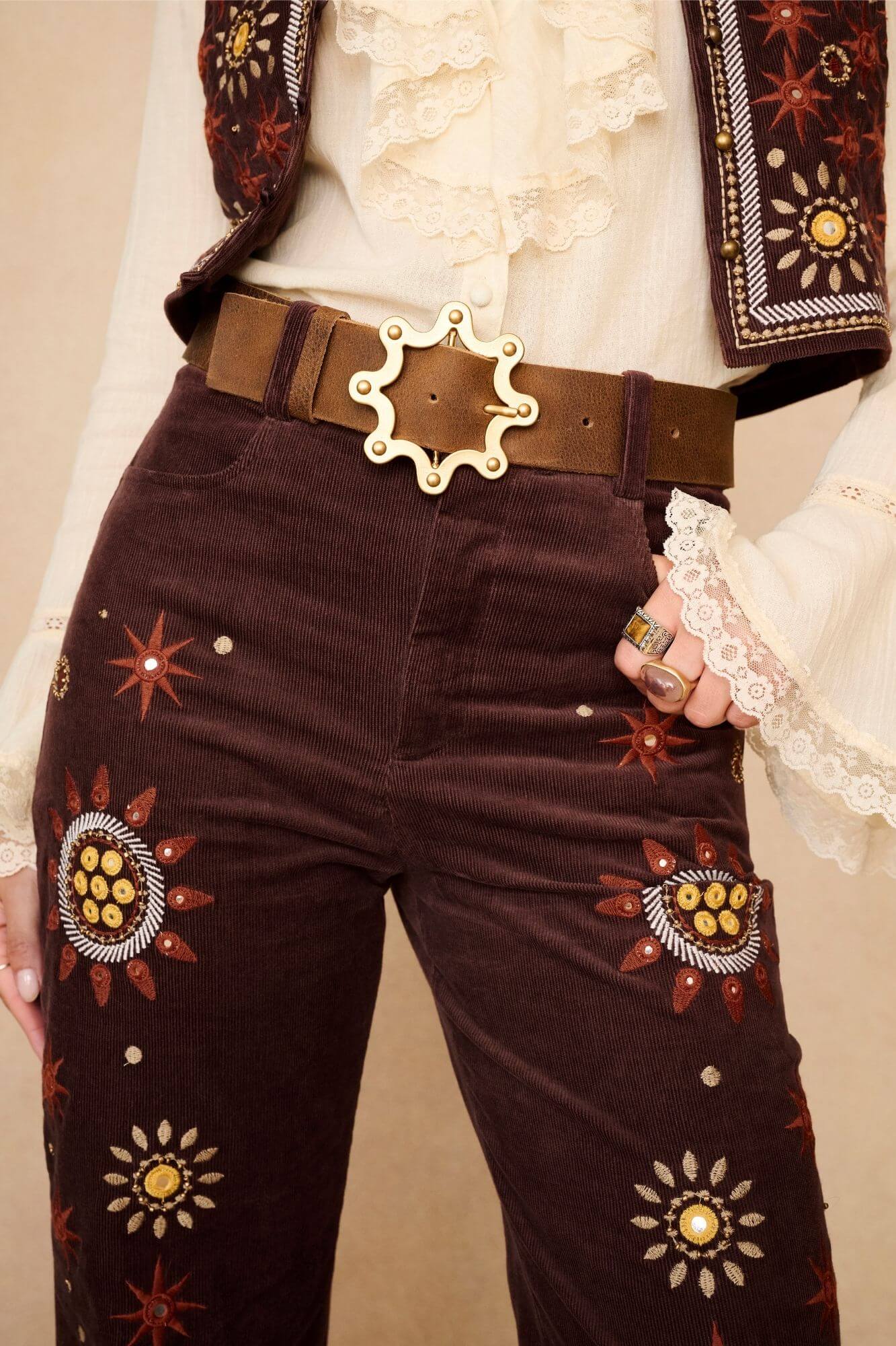 Stardust Corduroy Embroidered Flares – Brown