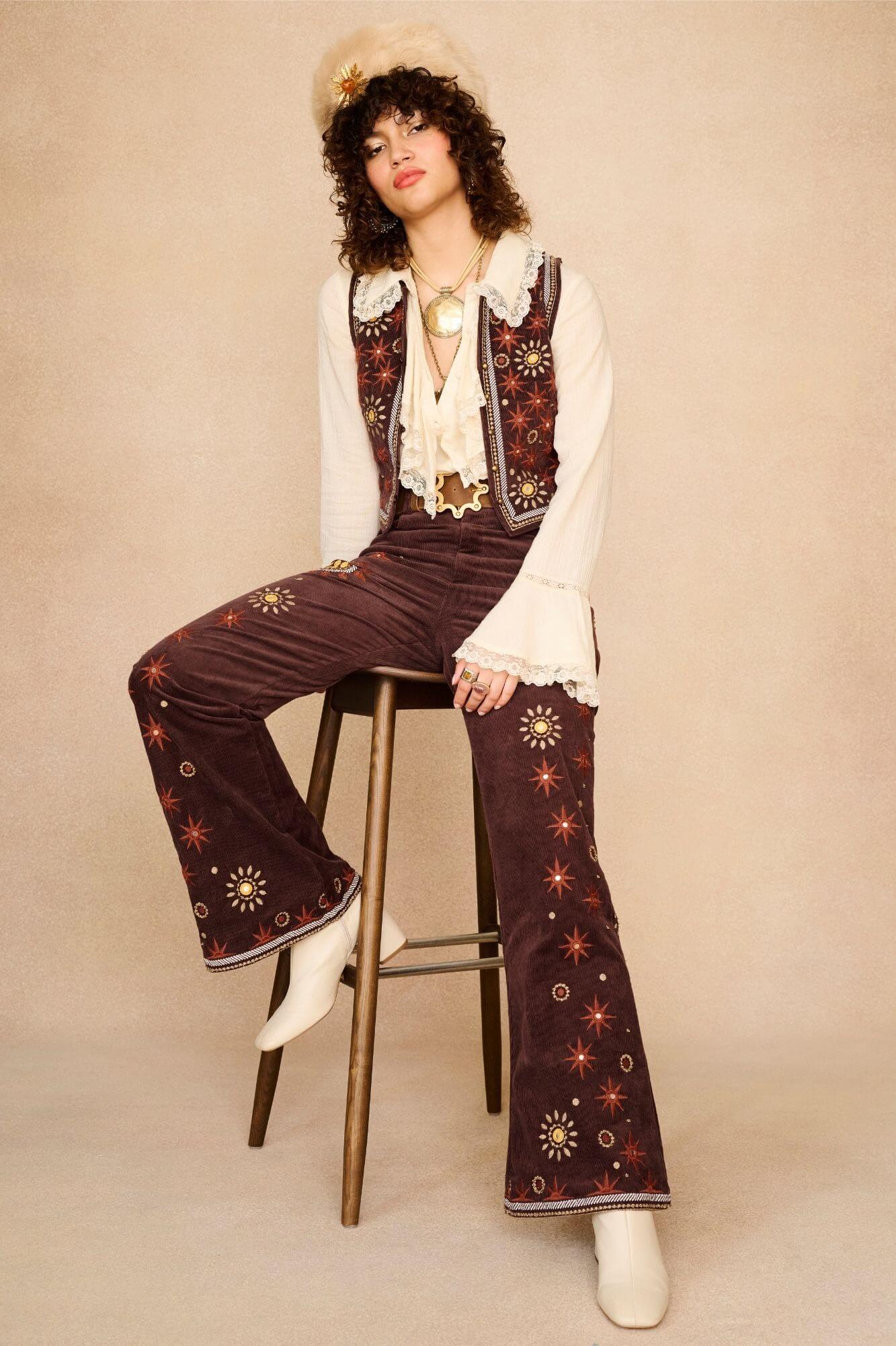 Stardust Corduroy Embroidered Flares – Brown