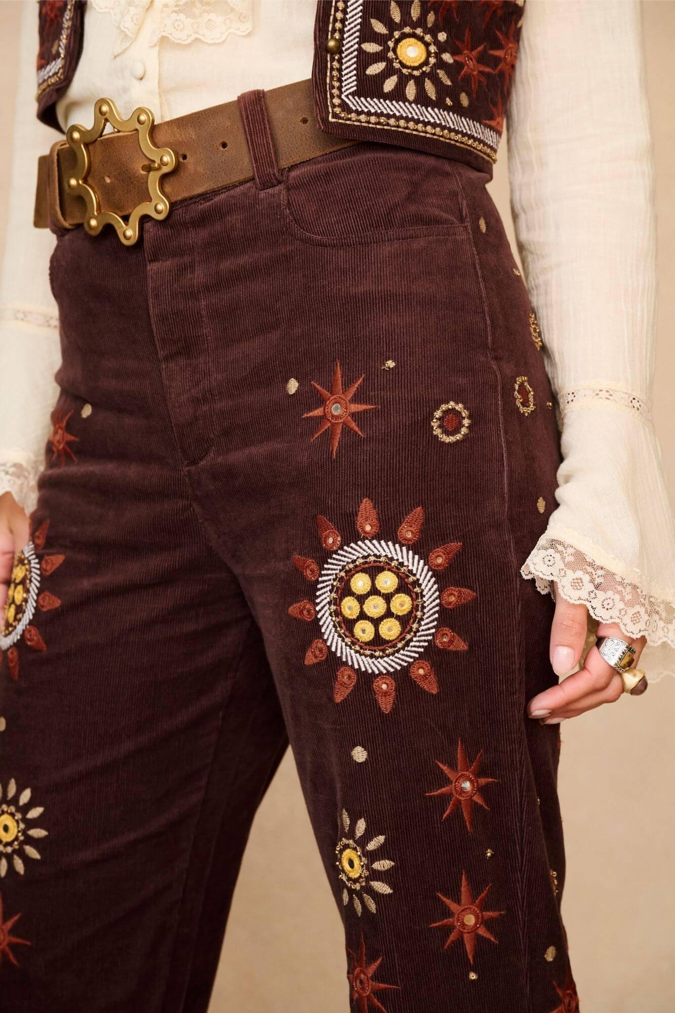 Stardust Corduroy Embroidered Flares – Brown