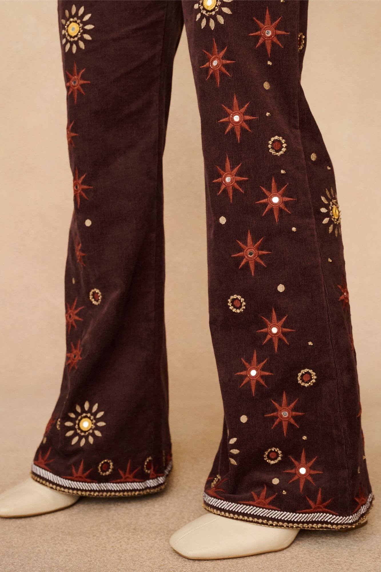 Stardust Corduroy Embroidered Flares – Brown