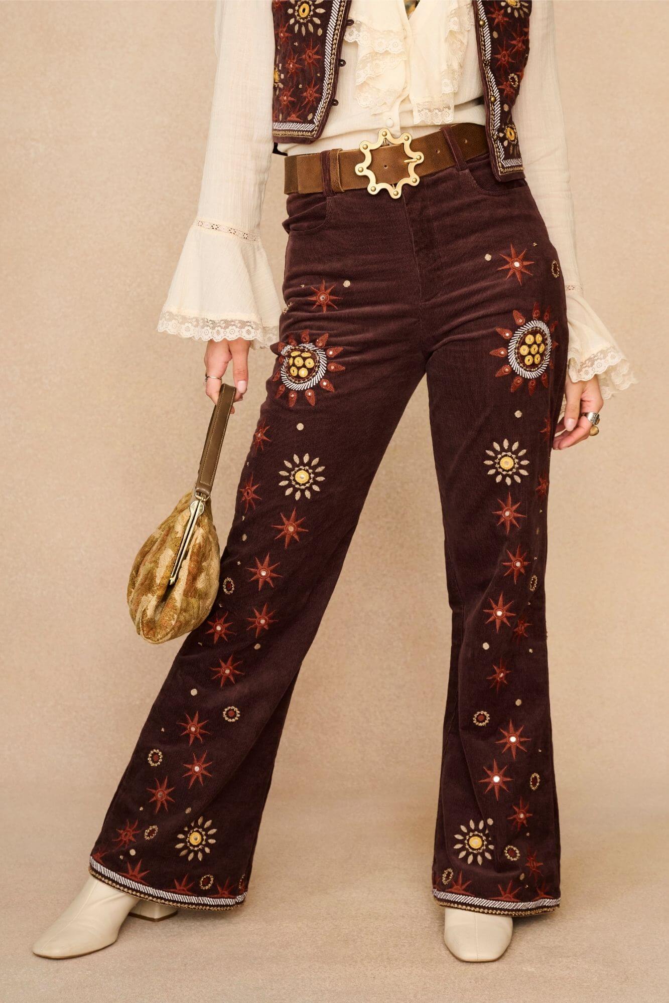 Stardust Corduroy Embroidered Flares – Brown