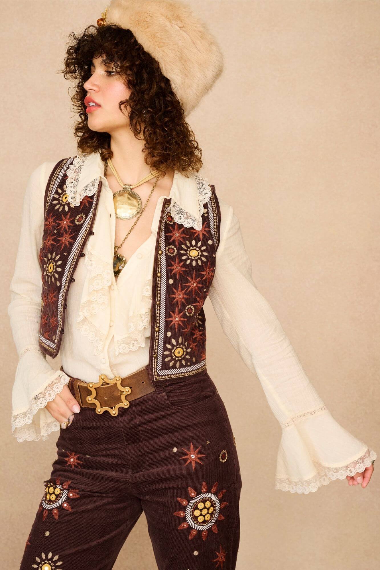 Stardust Corduroy Embroidered Vest – Brown