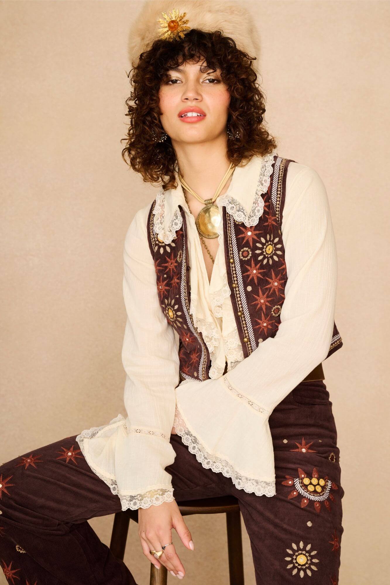 Stardust Corduroy Embroidered Vest – Brown