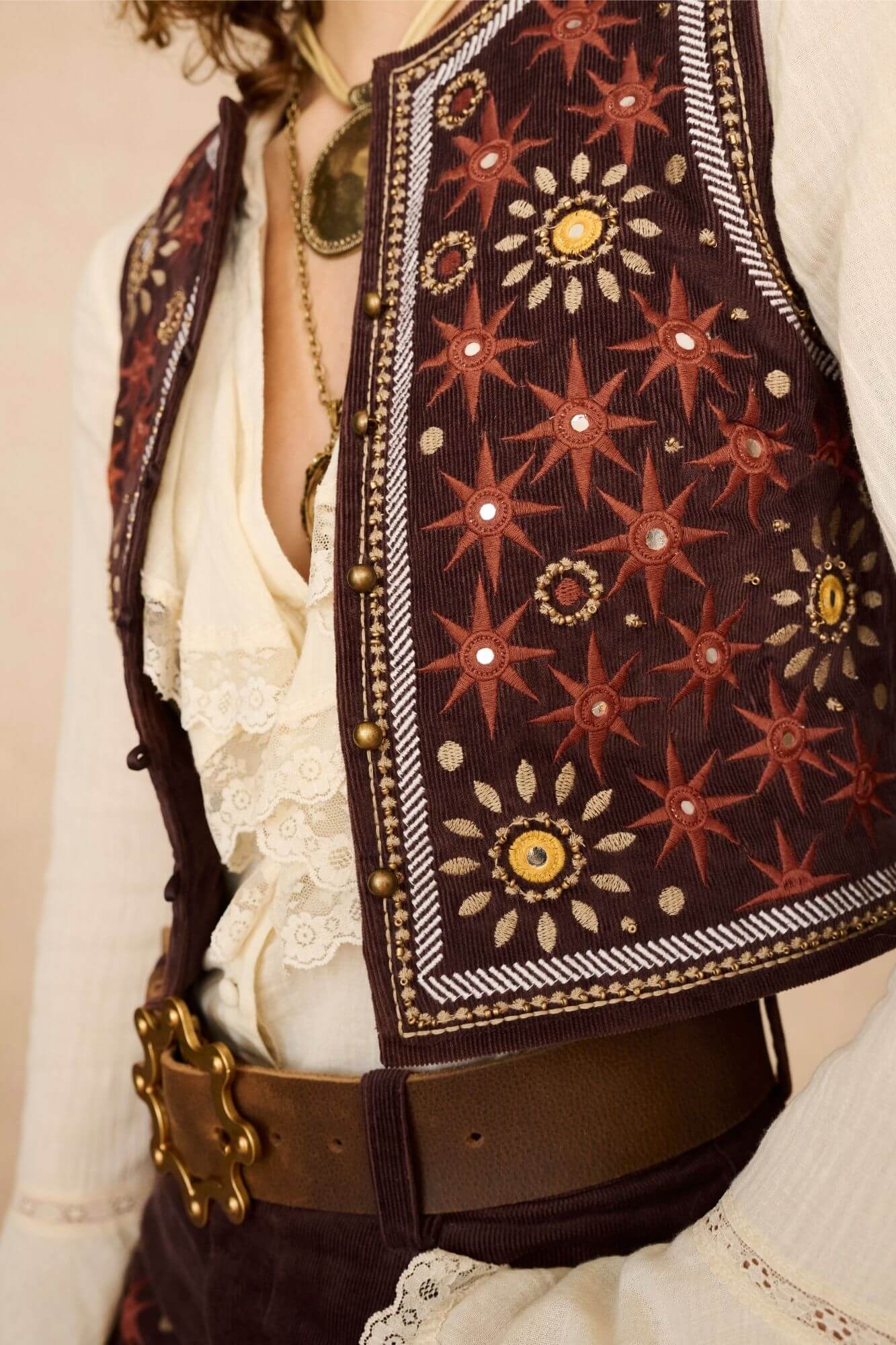 Stardust Corduroy Embroidered Vest – Brown