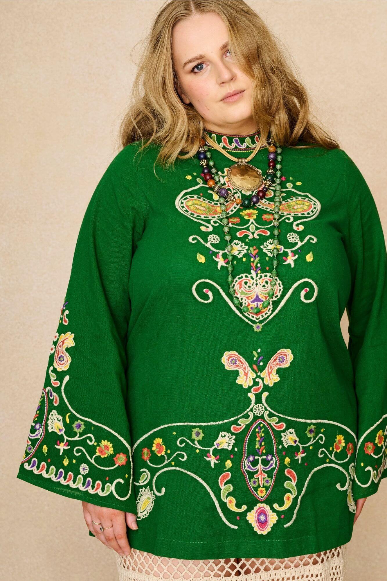 Willow Folk Embroidered Mini Dress – Green