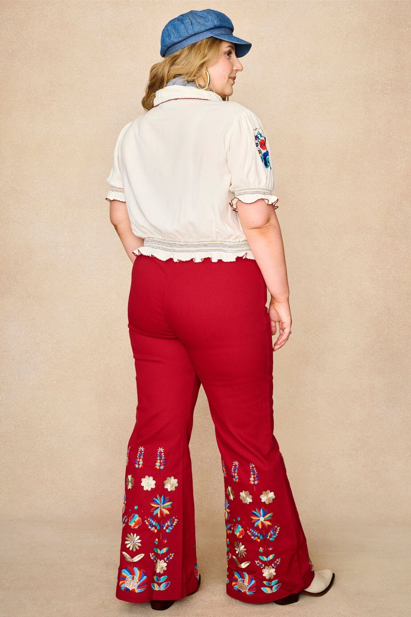 Crimson Echo Embroidered Flared Trousers – Red