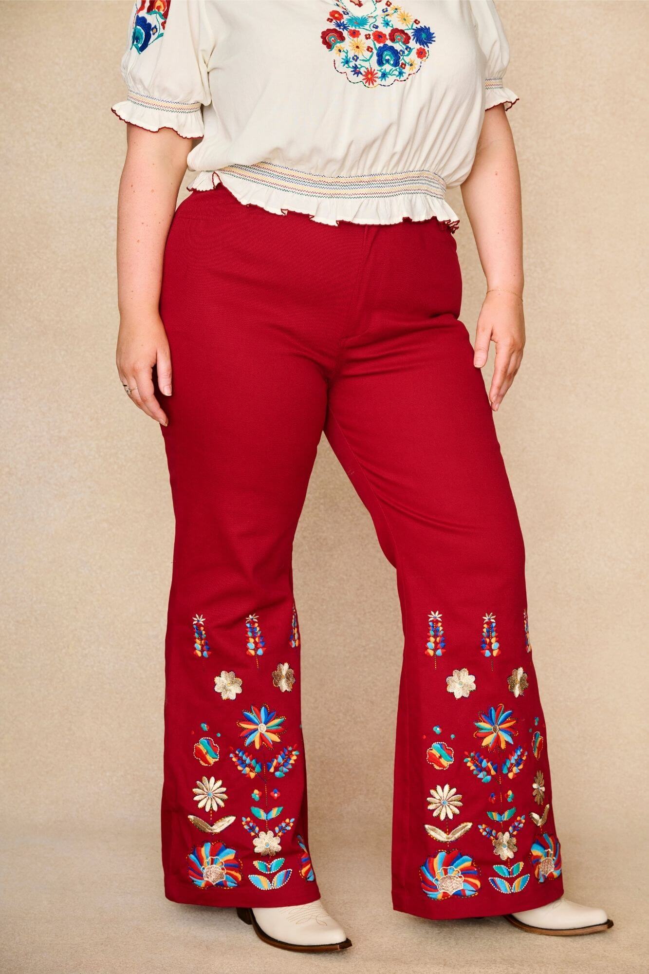 Crimson Echo Embroidered Flared Trousers – Red