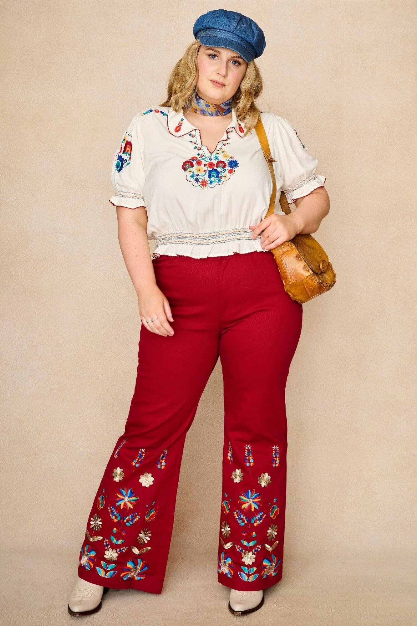 Crimson Echo Embroidered Flared Trousers – Red