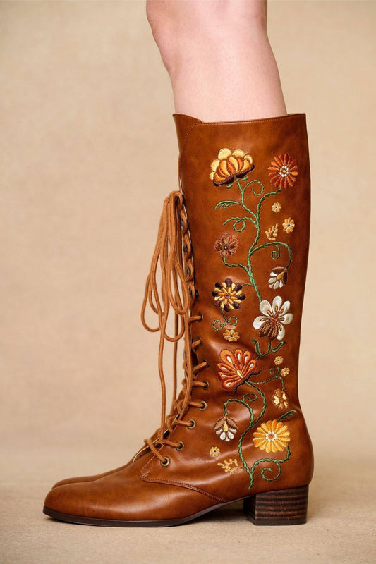 Penny Lane Brown Embroidered Boots – Floral