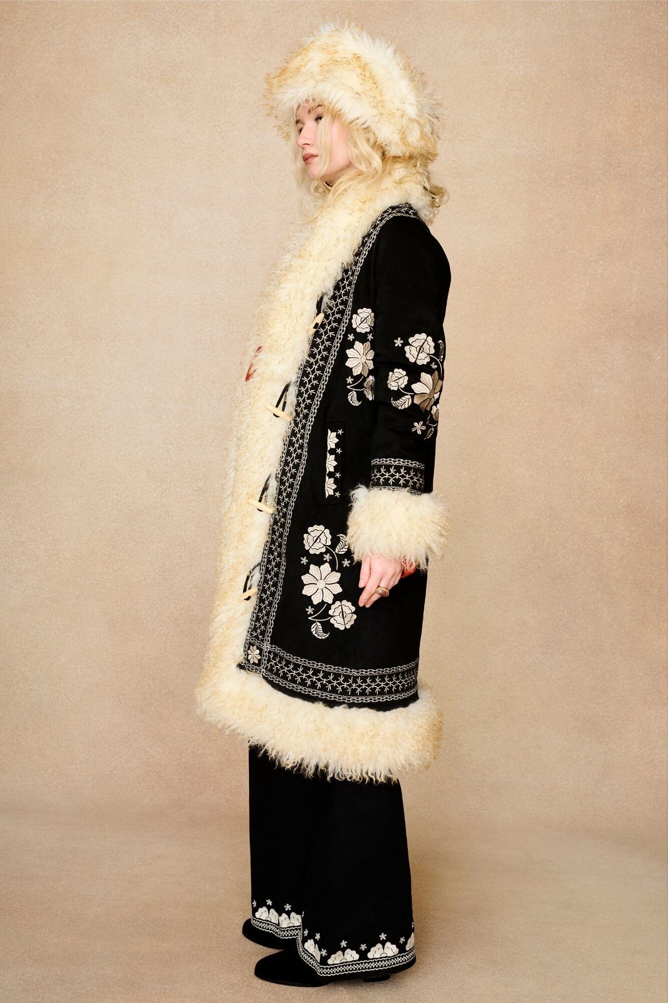 Breaking Hearts Embroidered Long Penny Lane Coat – Black