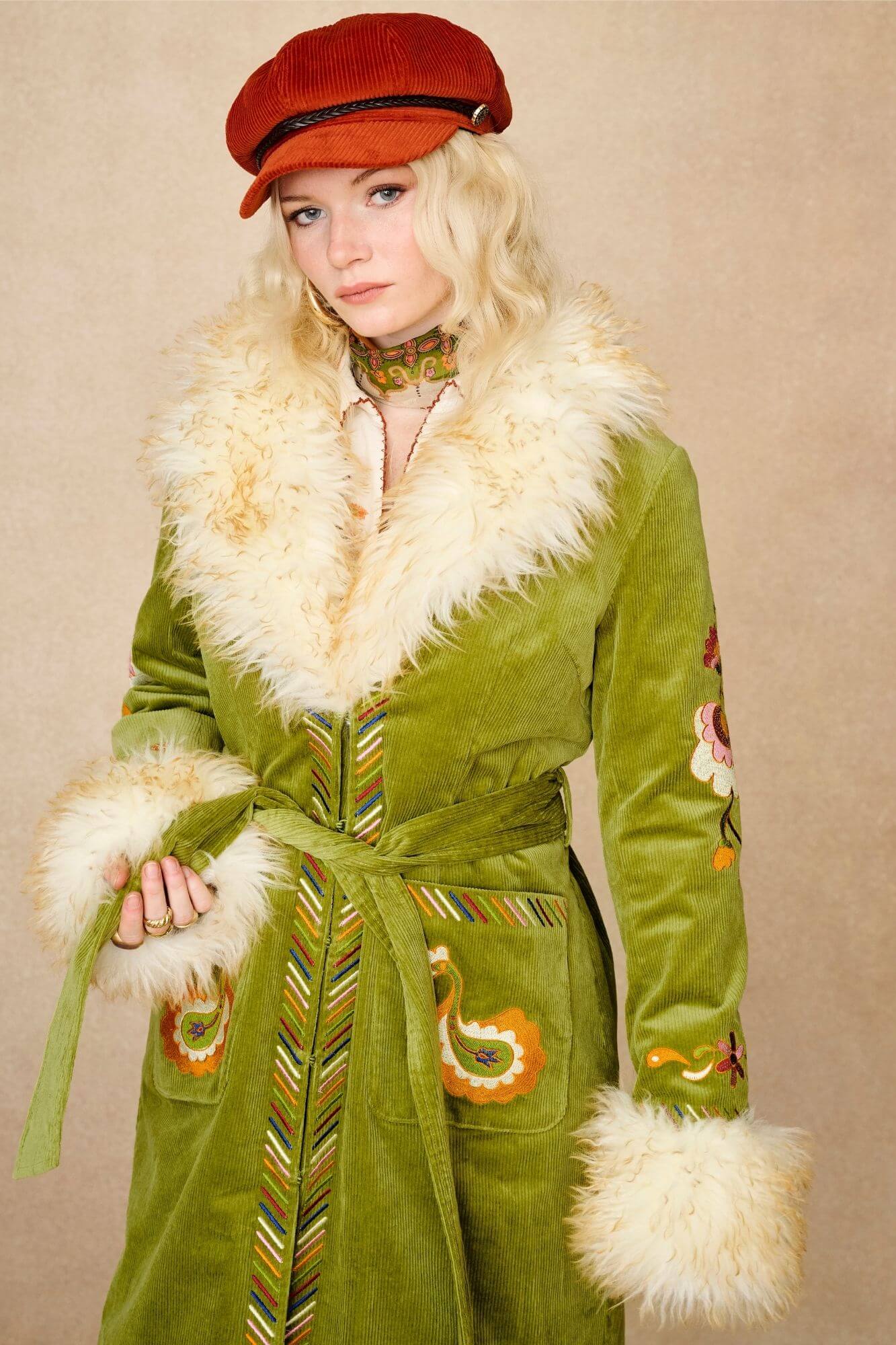 Angelina Embroidered Penny Lane Coat – Green