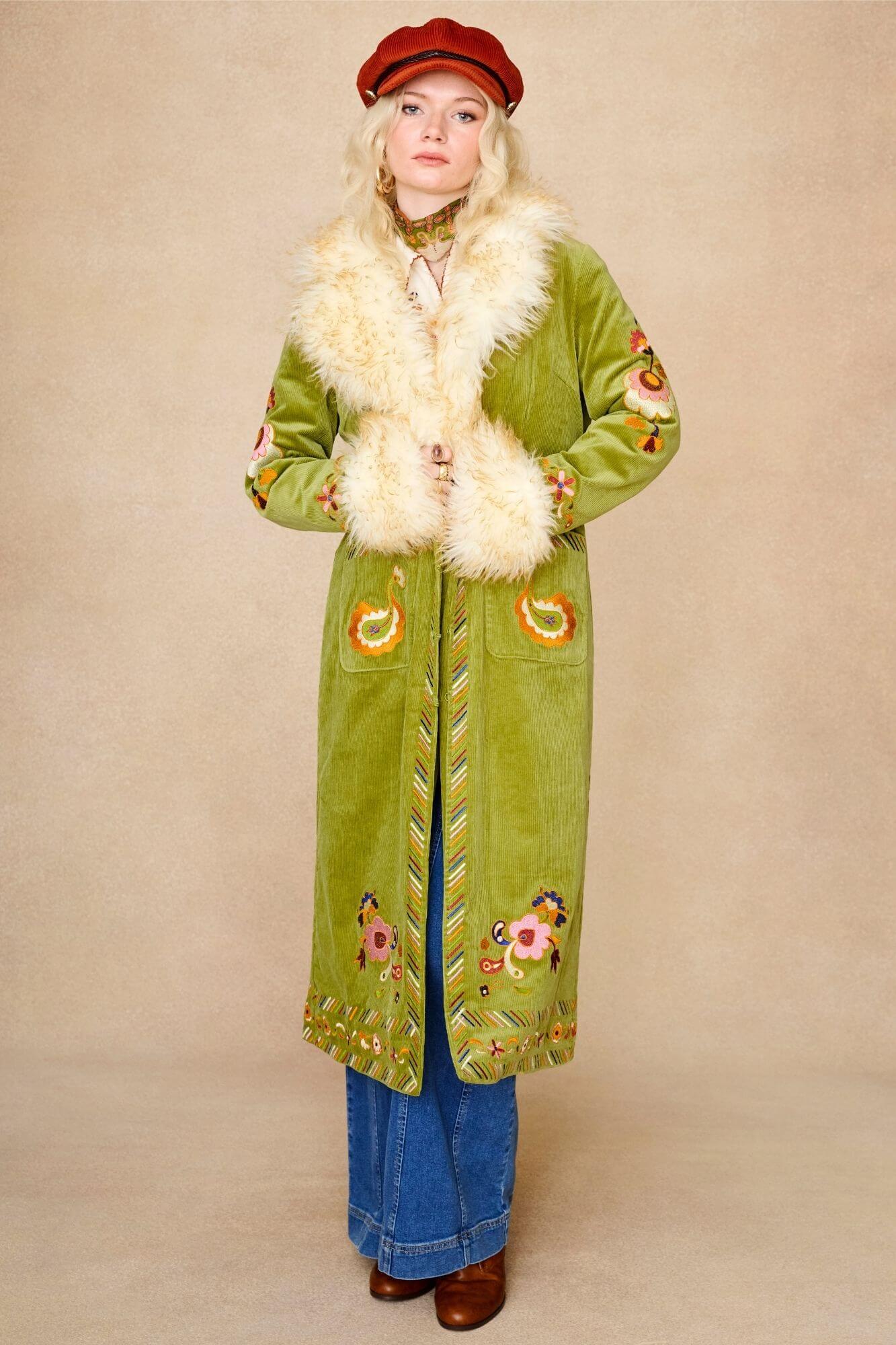 Angelina Embroidered Penny Lane Coat – Green