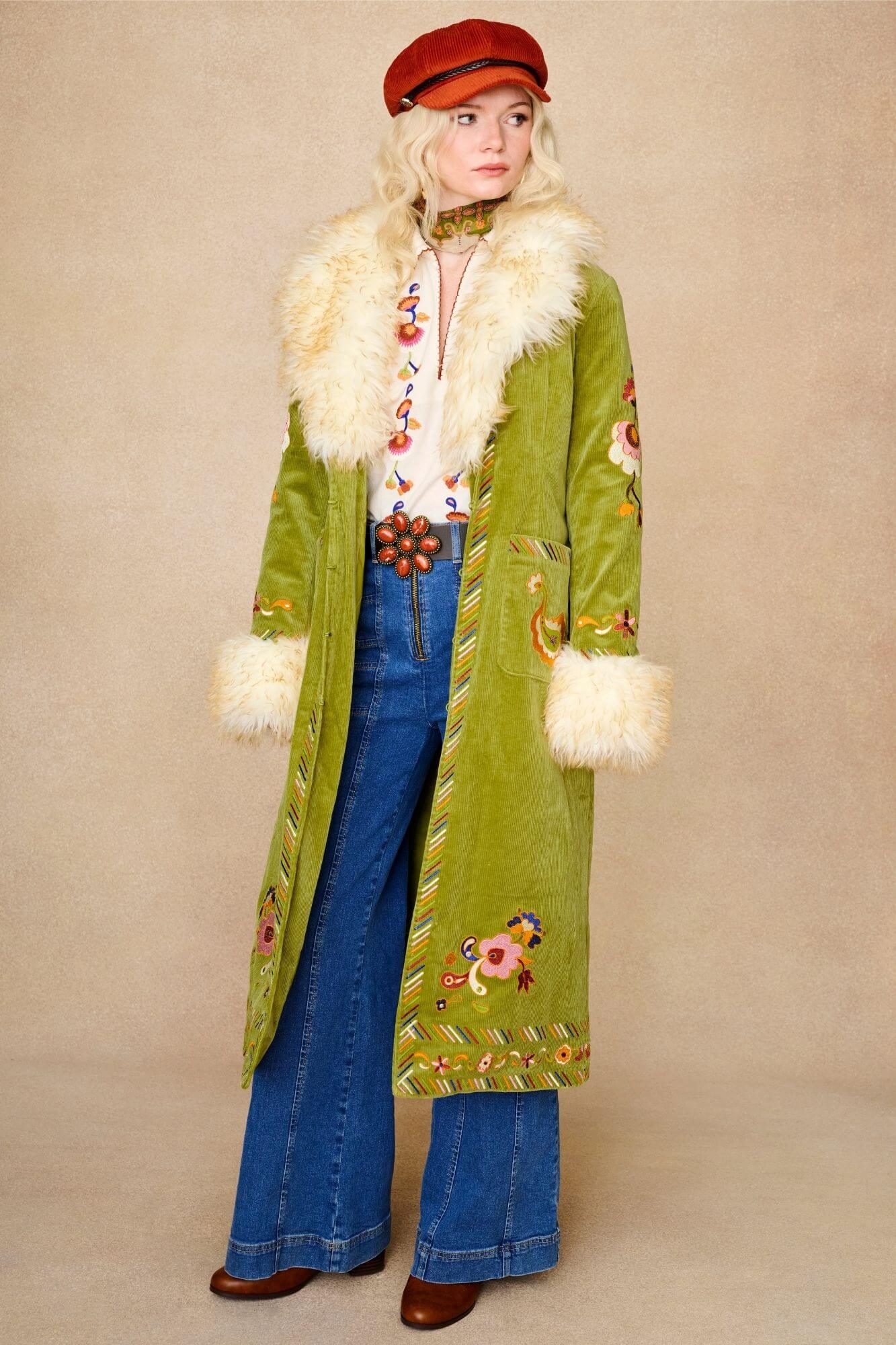 Angelina Embroidered Penny Lane Coat – Green