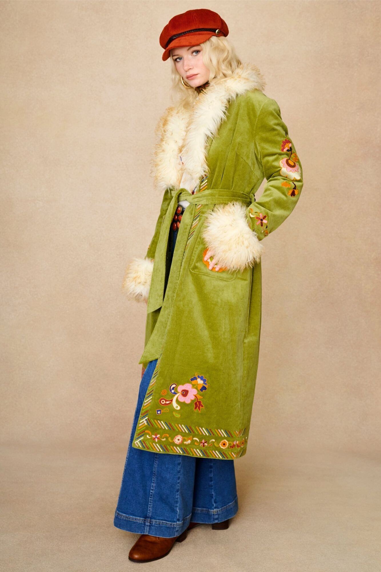 Angelina Embroidered Penny Lane Coat – Green