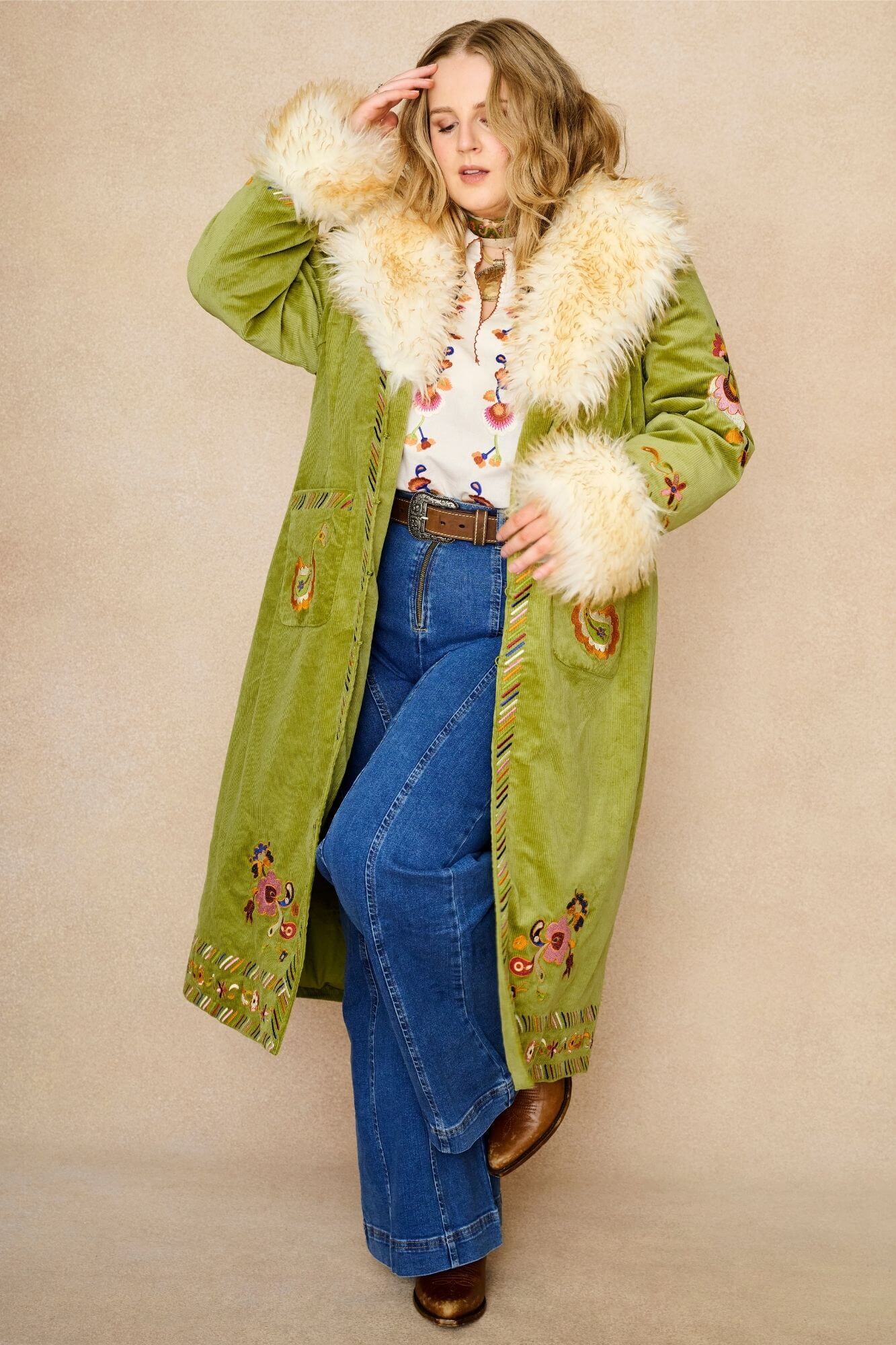 Angelina Embroidered Penny Lane Coat – Green