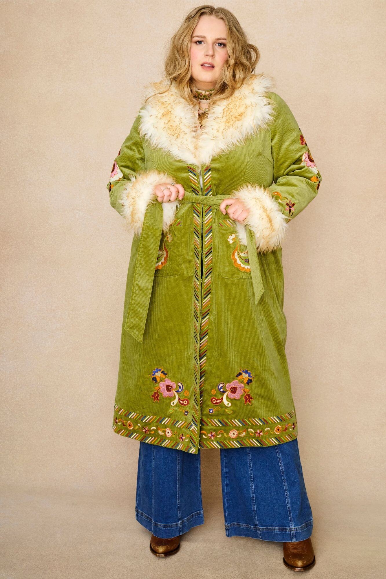 Angelina Embroidered Penny Lane Coat – Green