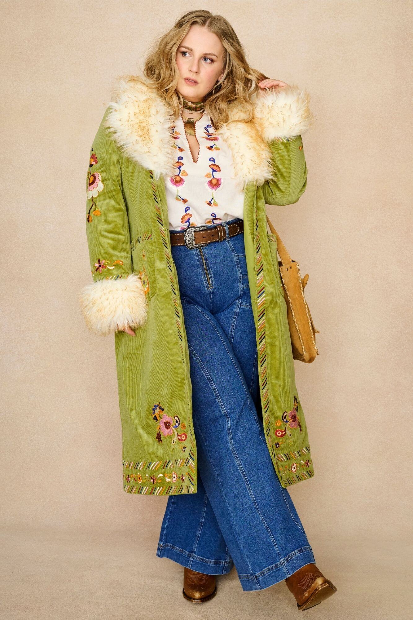 Angelina Embroidered Penny Lane Coat – Green