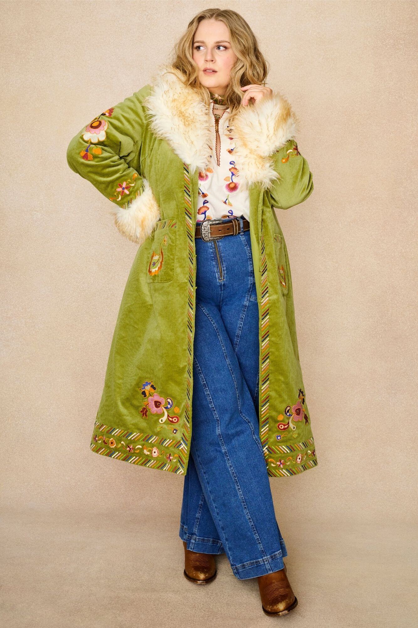Angelina Embroidered Penny Lane Coat – Green