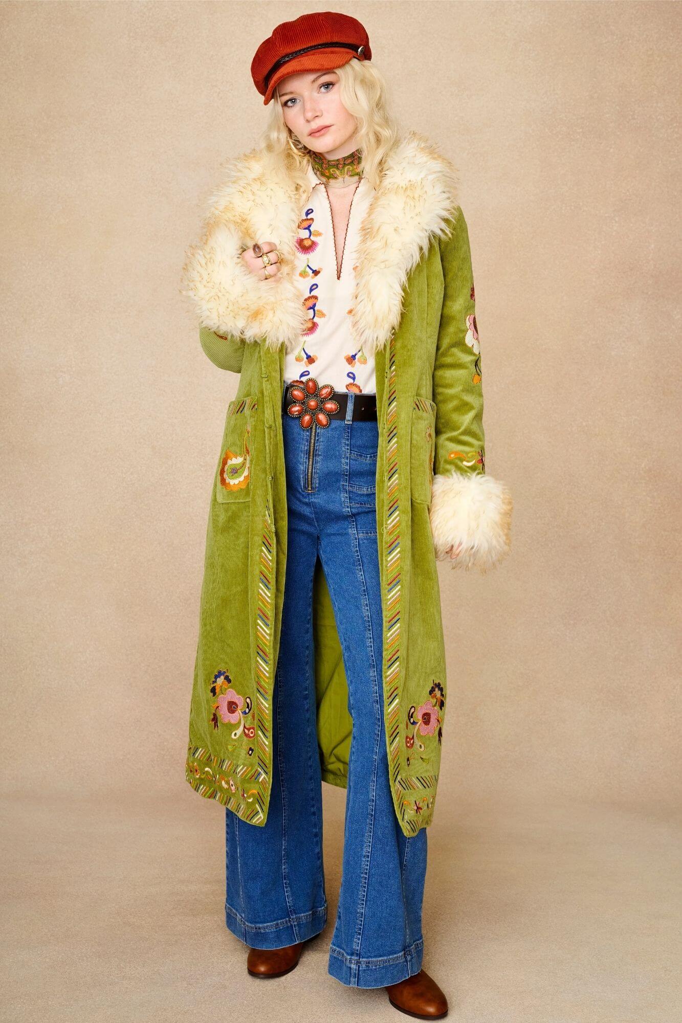 Angelina Embroidered Penny Lane Coat – Green