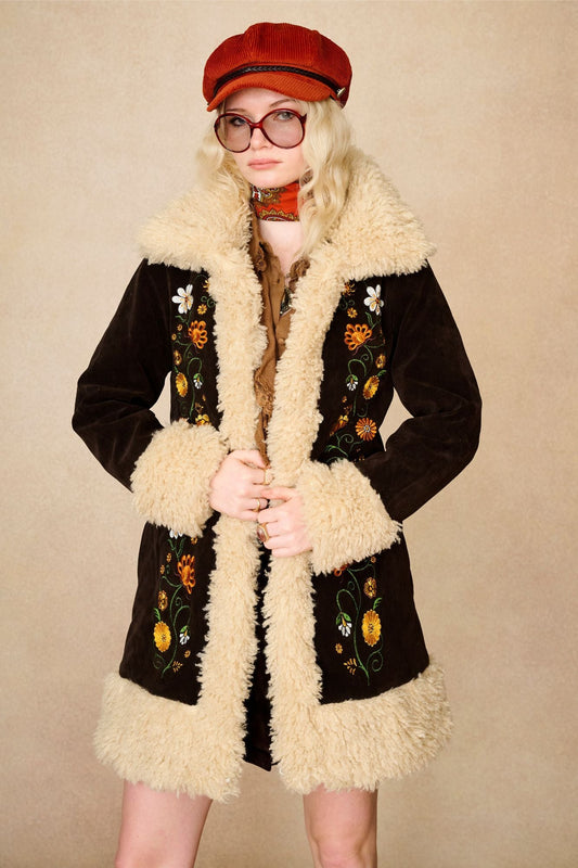 Loretta Dark Embroidered Penny Lane Coat – Brown