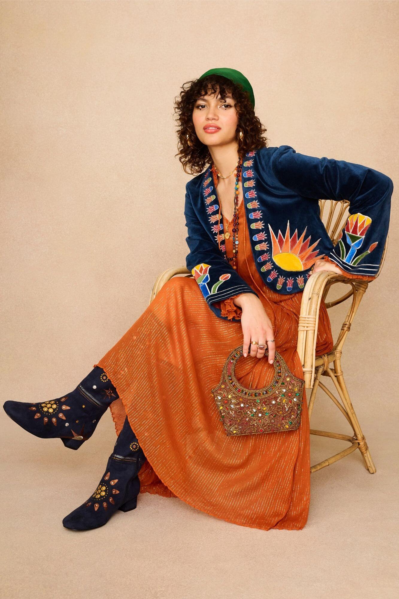 Zodiac Velvet Embroidered Jacket – Blue